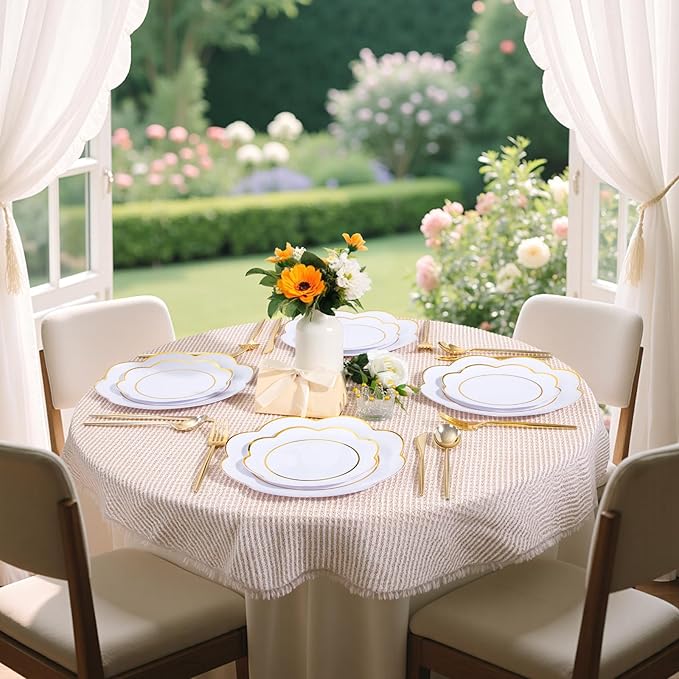 WONDERFUL 60pcs White Plastic Plates Disposable Heavy Duty White and Gold Plastic Plates for Party High-End Plate Includes 30 10.25in Dinner & 30 7.5in Dessert Plate Wedding/Christmas/Thanksgiving