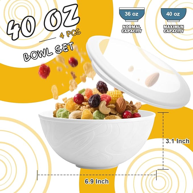 Wheat Straw Bowls Set 40 OZ, Unbreakable Bowls with Dust-Proof Lids Set of 4, Microwave & Dishwasher Safe, Alternative Reusable Plastic Bowl for Cereal, Soup, Salad and Ramen, White