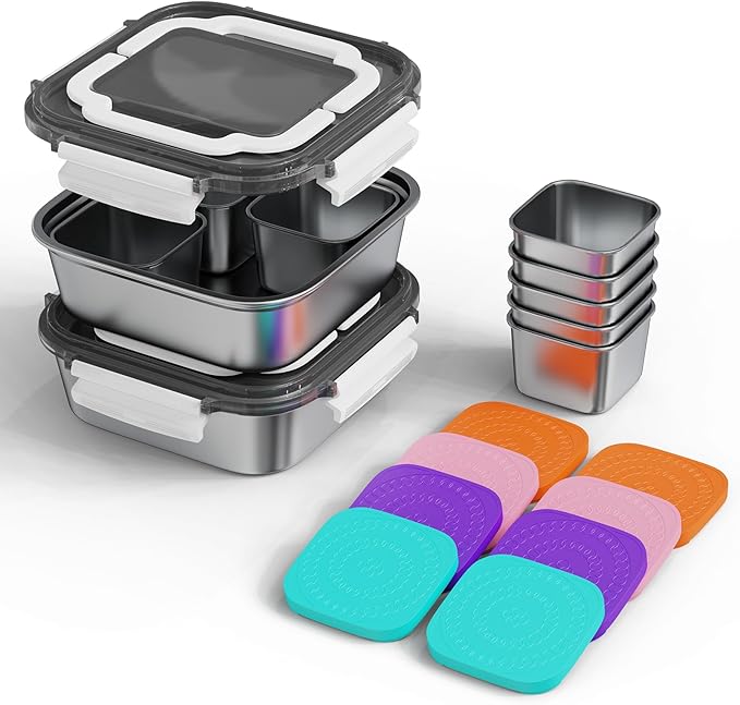 Set of 2 Stainless Steel Conntainers with Lids 5 Pack,Large Stainless Steel Container(1.5qt) and Set of 4 Snack Containers,Convenient to Carry,Suitable for Picnics and Travel