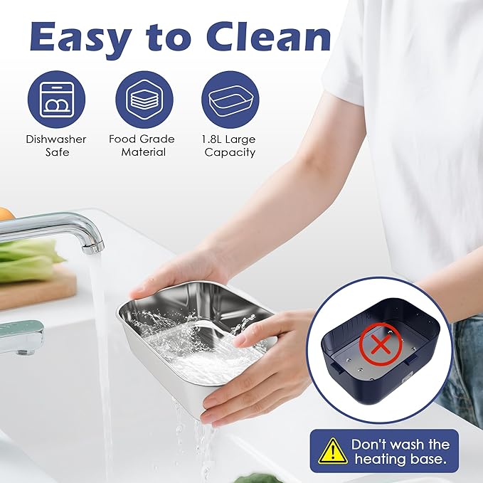 100W Electric Lunch Box Food Heated 12V 24V 110V Fast Food Warmer Heater for Car/Truck/Home Portable Food Heating Boxes with 1.8L 304 SS Container 0.45L Compartment(Royal Blue+White)