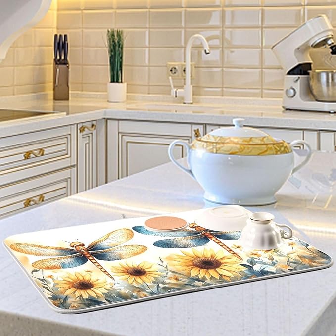 Watercolor Dragonflies Sunflowers Dish Drying Mat for Kitchen Counter Super Absorbent Dishes Pad Reversible Microfiber Protector Dish Draining Mats 16x18 inch