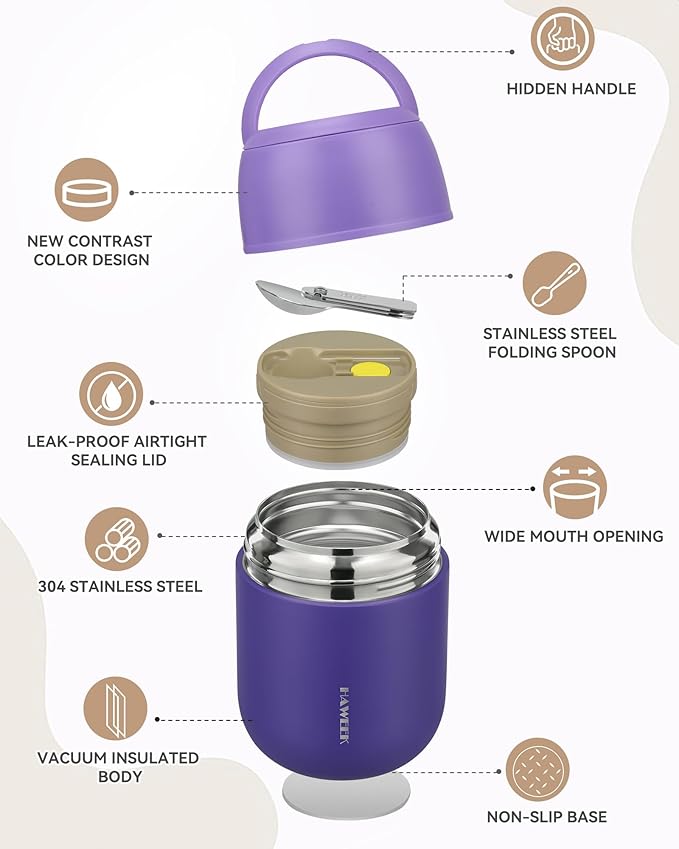 17oz Soup Thermo for Hot Food Adults Insulated Food Jar Thermo Hot Food Lunch Container Wide Mouth Stainless Steel Lunch Box for Kids with Folding Spoon Cleaning Brush Purple