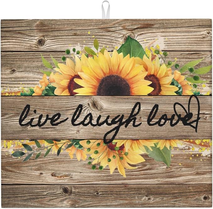Sunflower On Board Rustic Yellow Summer Fall Live Laugh Love Drying Mat 16x18 Inch For Kitchen Counter Drying Mats Dish For Kitchen Counter Easy Clean Kitchen
