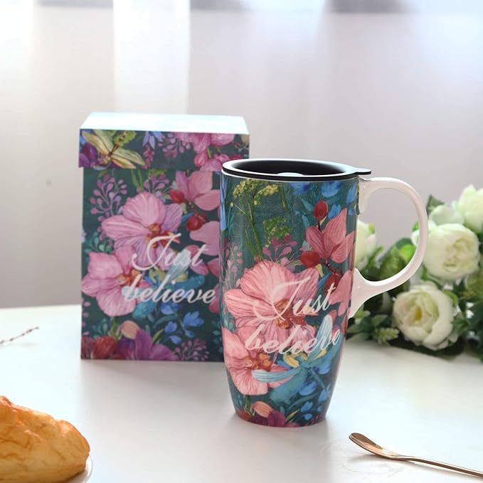 Ceramic Coffee Cup 17 Oz Tall Ceramic Mug with Lid and Color Box, Perfect for Coffee and Tea, Just Believe