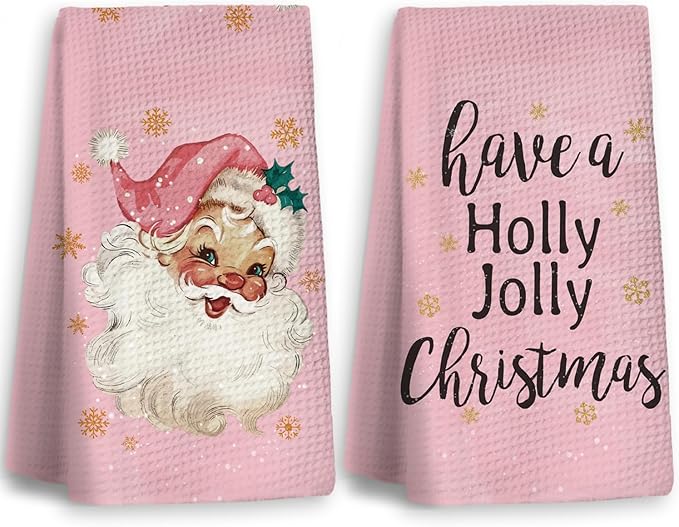 Pink Kitchen Accessories,Pink Kitchen Towels,Christmas Santa Claus Dish Towels Set of 2,Hand Towels for Bathroom,Gifts for Women,Housewarming Gifts 16×24 Inches