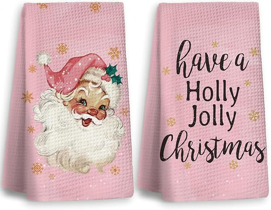 Pink Kitchen Accessories,Pink Kitchen Towels,Christmas Santa Claus Dish Towels Set of 2,Hand Towels for Bathroom,Gifts for Women,Housewarming Gifts 16×24 Inches