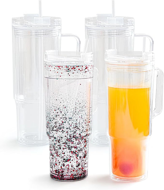 AGH 40 oz Snow Globe Tumbler with Handle,4 Pack Pre-Drilled Double Wall Vacuum Reusable plastic Water Bottle for DIY