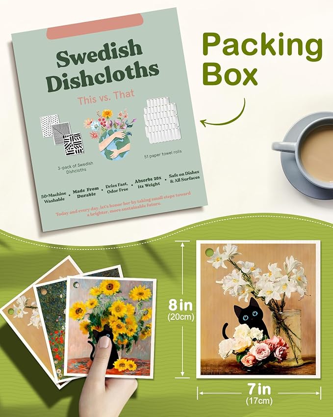 6 Pack Swedish Dishcloths for Kitchen - Reusable Dish Cloths for Washing Dishes Absorbent Cute Funny Kitchen Towels Cleaning Sponge, Floral Cat