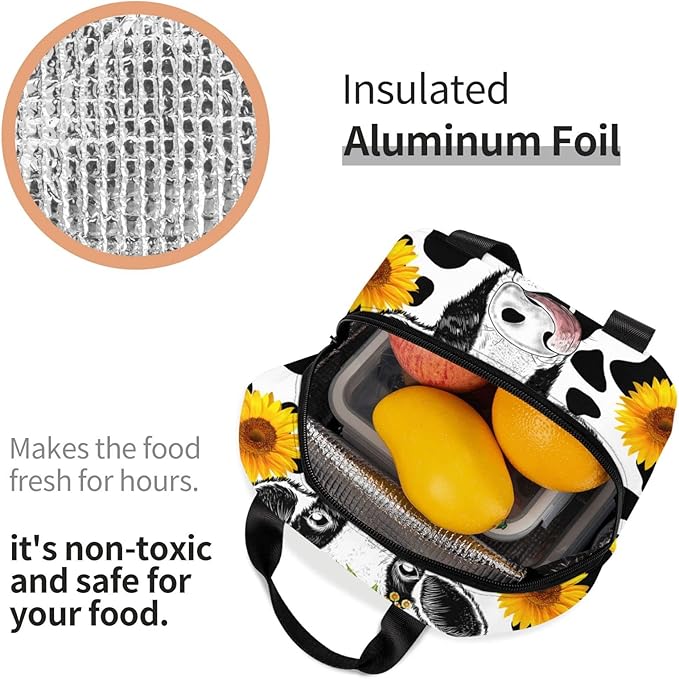 Sunflower Cow Print Portable Lunch Tote Bag Reusable Cute Lunch Box for Men or Women Perfect for office/Camping/Hiking/Picnic/Beach/Travel