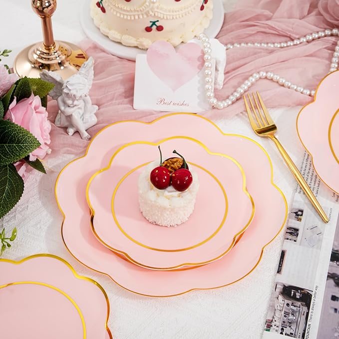 WONDERFUL 60pcs High-End Pink Plastic Plates - Disposable Heavy Duty Pink Plates with Gold Rim Plastic Disposable Plate for Party Wedding/Birthday/Bridal Shower/Upscale Banquet Suitable for 30 Guests