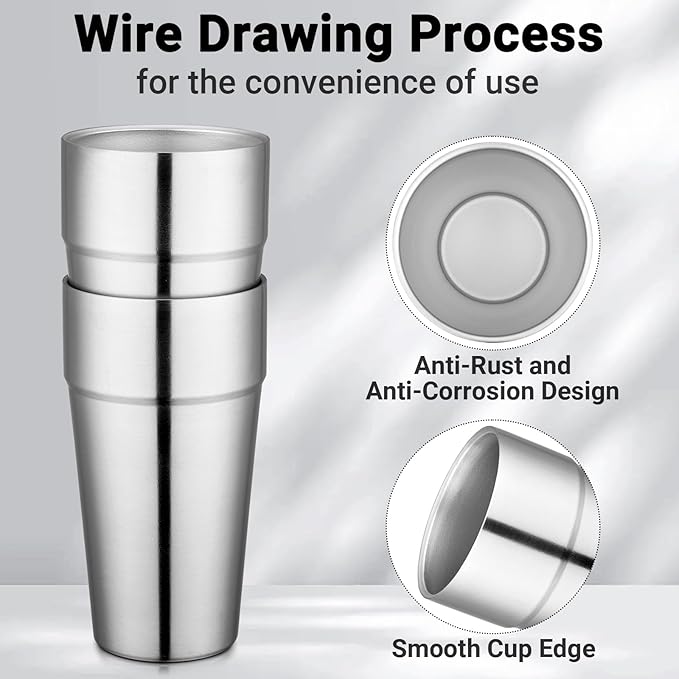 Beasea Stainless Steel Cups 19 oz, 6 Pack Large 18.6oz 550ml Stackable Stainless Steel Tumbler Double Wall Insulated Individual Metal Pint Glasses Tin Drinking Cups for Home Party Camping