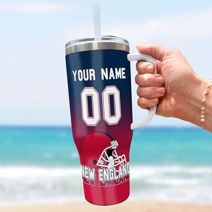 Personalized Football Tumbler with Handle & Straw, 40oz Stainless Steel Insulated Travel Mug, Custom Name & Number Cup, Game Day Coffee Fan Gift (New England)