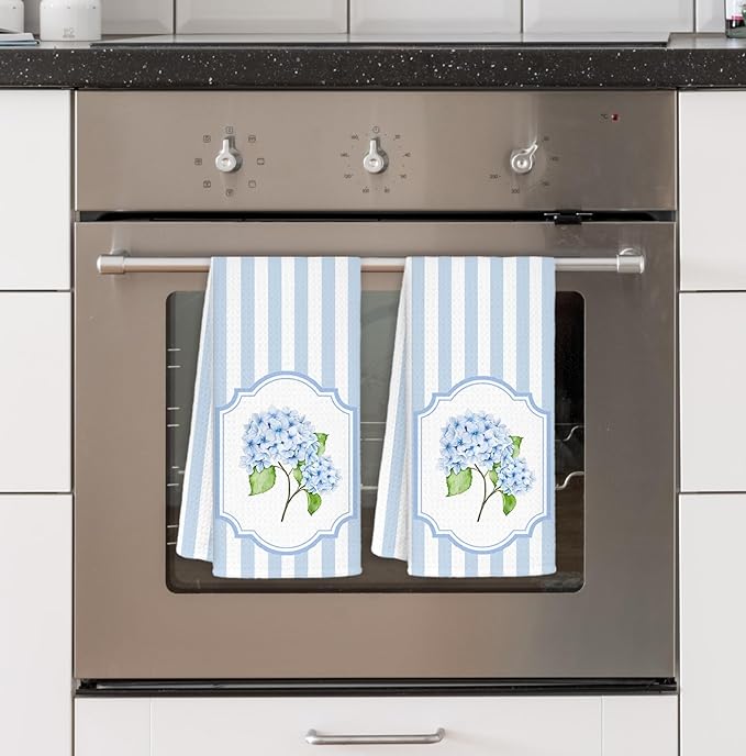 Blue Hydrangea Floral Kitchen Towels Set of 2, Cottagecore Botanical Dish Tea Towel for Kitchen, Blue and White Grand Millenial Stripes Decorative Hand Towels for Bathroom, 16x24 Inch