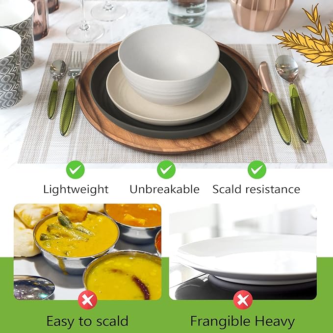 Teivio 32-Piece Kitchen Plastic Wheat Straw Dinnerware Set, Service for 8, Dinner Plates, Dessert Plate, Cereal Bowls, Cups, Unbreakable Colorful Plastic Outdoor Camping Dishes, Stone