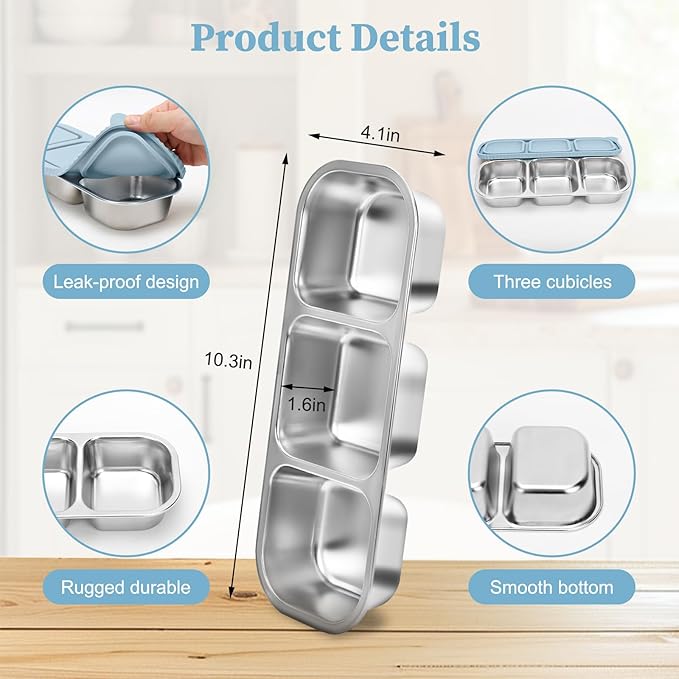 ﻿ 3 Compartment Stainless Steel Snack Containers with Silicone Lids, Reusable Food Storage Containers ，snackle box container for School ，Travel, Outdoor, Camping.