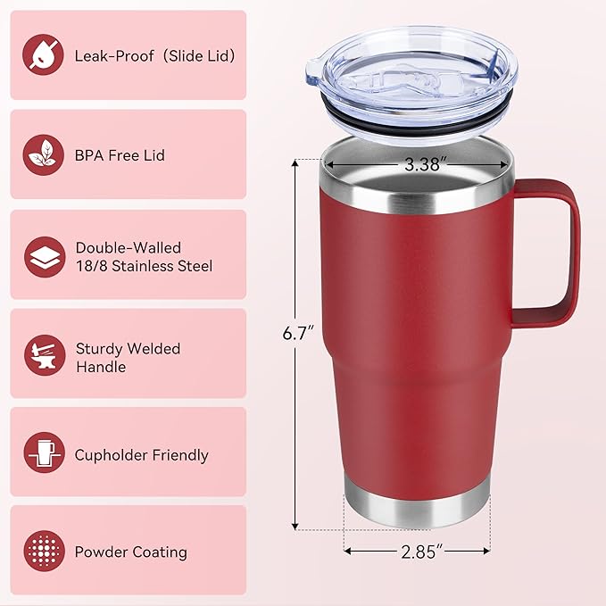 20oz Tumbler with Lid, Stainless Steel Tumbler with Handle, Metal Insulated Travel Coffee Mug with Handle, Double Wall Vacuum Spill Proof Tumbler Cup, Red 1 Pack
