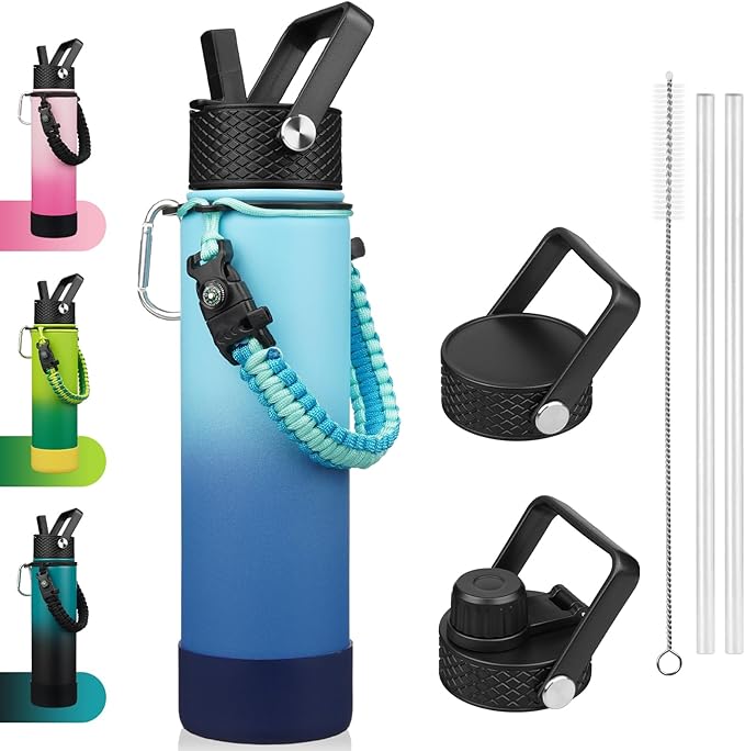 BJPKPK 27oz Insulated Water Bottles with 3 Lids, Paracord Handle & Non-slip Boot, Stainless Steel Metal Water Bottle with Straw, BPA Free Leak Proof Thermo, Tumblers,Sky