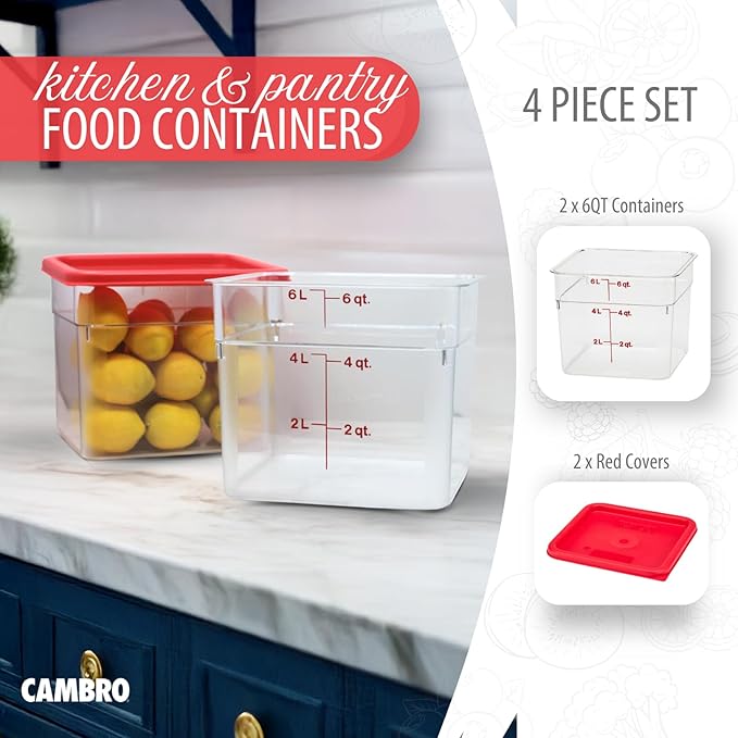 Cambro Food Storage Container with Lid (2 Pack) - Classic Series Square with Red Lid - 6 QT (Quart) - Commercial Grade for Food Prep (Clear)