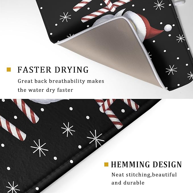 Christmas Santa Laugh Dish Drying Mat Winter Snowflakes Black Dish Drainer Mats Xmas Candy Cane Stick Sweet Dish Dry Pad for Kitchen Countertop Coffee Bar 18x24 inch Large