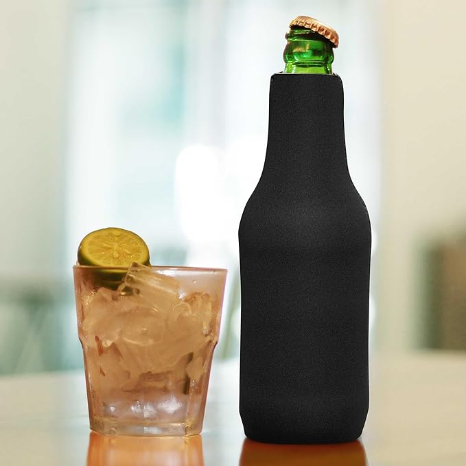 10 Neoprene Zippered Beer Bottle Coolies Pack - Sharkskin Rubber Bottom - Black