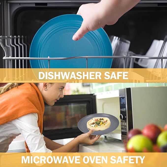 Rubtlamp 16pcs Wheat Straw Dinnerware Set, Unbreakable Plates And Bowls Sets of 4, Plastic Plates Set Reusable (Light Deep Four Colors) Daily