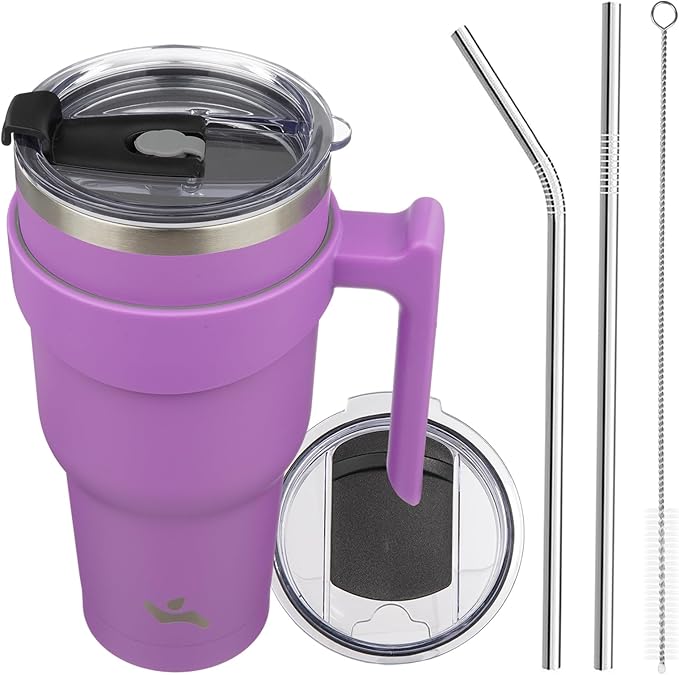 40 oz Tumbler with Handle and 2 Straw 2 Lid, Insulated Water Bottle Stainless Steel Vacuum Cup Reusable Travel Mug,Lavender