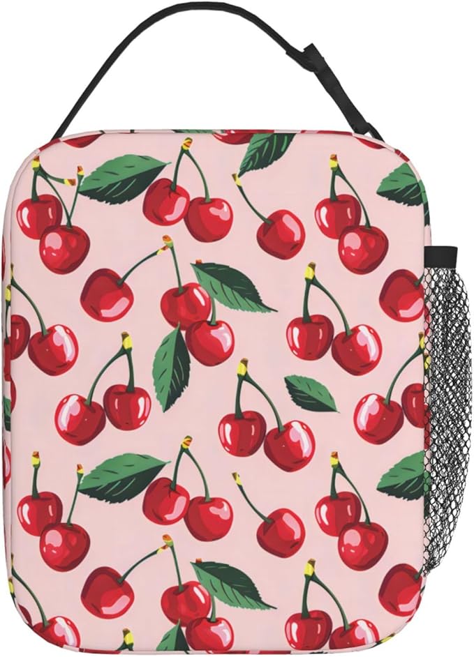 Reusable Cherry Lunch Box for Kids Girls Boys Women Adult, Insulated Cute Lunch Bag,Polyester Cooler Art Handbags Case for School Picnic Work Travel Beach or Hiking (Light Pink)