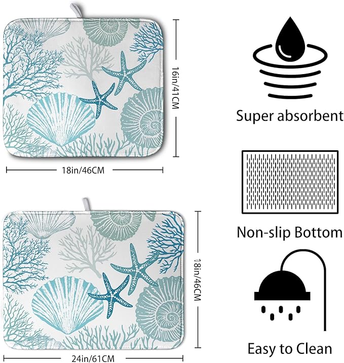 Summer Teal Dish Drying Mat for Kitchen Counter Nautical Coastal Blue Dishes Drainer Mats Turquoise Beach Coral Seashell Starfish Ocean Absorbent Microfiber Dish Draining Pad 18x24 Inch