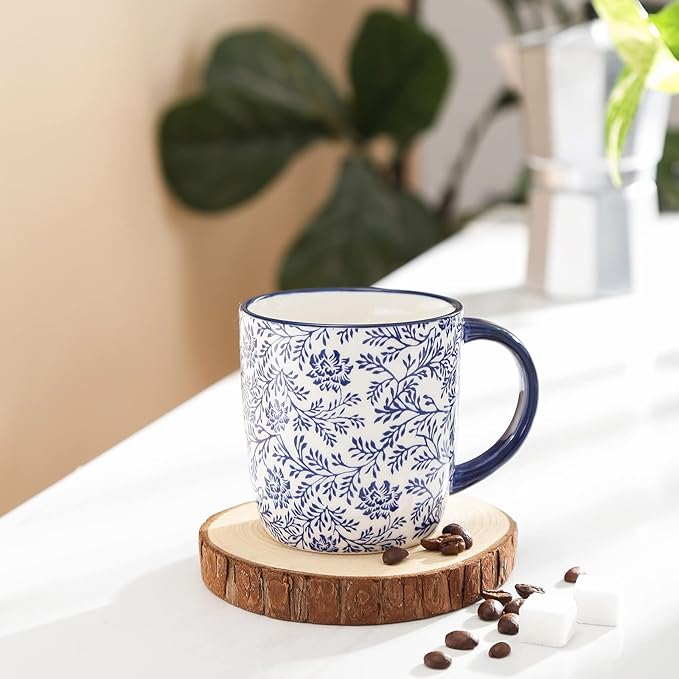 Selamica 10 oz Coffee Mugs Set of 6 with Handle, Coffee Cups Ceramic for Cappuccino Latte Cocoa Milk Tea, Dishwasher Microwave Safe, Vintage Blue