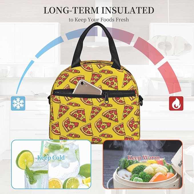 Pizza Reusable Insulated Lunch Box Waterproof Lunch Bag with Detachable and Adjustable Shoulder Strap for Office Picnic or Travel
