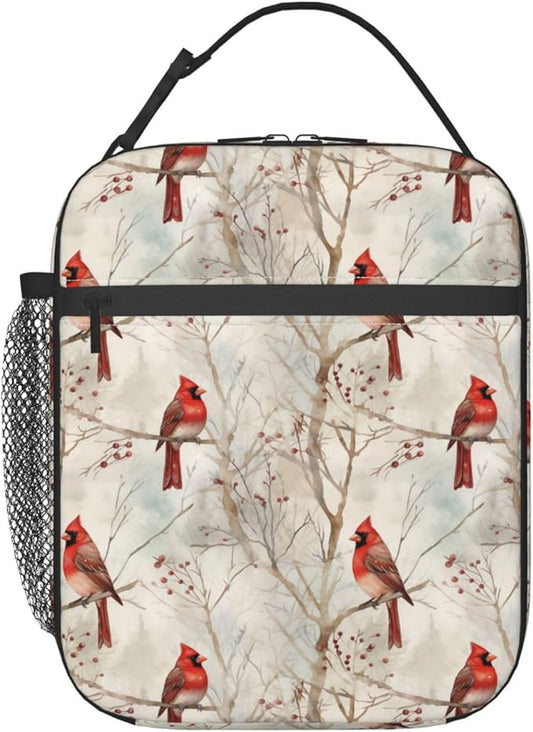 Reusable Red Cardinal Retro Lunch Box for Kids, Insulated Winter Branches Vintage Bag,Polyester Cooler Bird Lovers Handbags Case for School Picnic Work Travel Beach or Hiking, Gifts