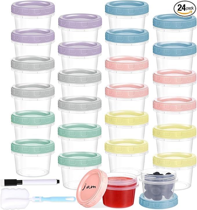 24pcs 4 oz Plastic Containers with Screw Lids, Reusable 1/2 Cup Small Food Storage Containers, Leakproof, Microwave Dishwasher Freezer Safe, with Pen and Brush
