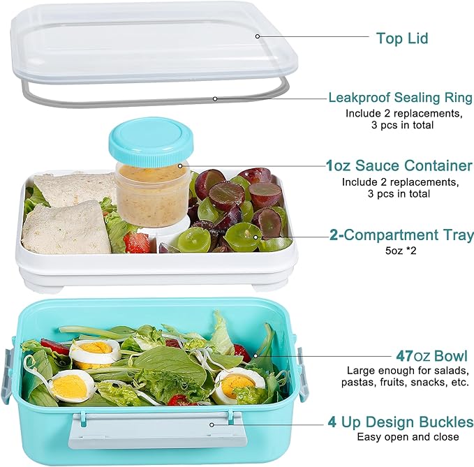 3 Pack Salad Lunch Box Food Storage Containers, 47oz Bento Box To Go Container with Lids, Meal Prep Containers with Removable Tray & Dressing Pots for Kids and Adults, Reusable and Microwave Safe