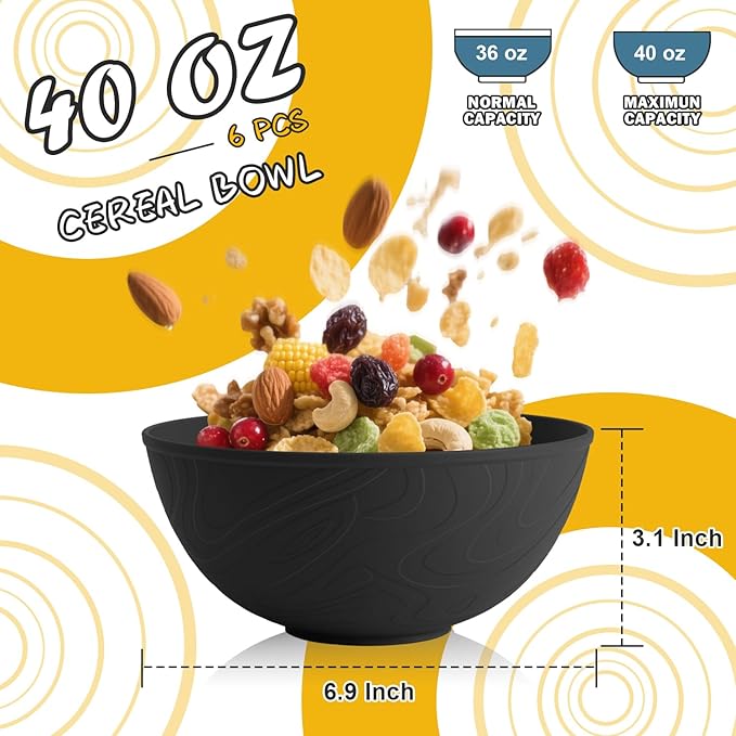 Unbreakable Cereal Bowls 40 OZ, Wheat Straw Bowls Set of 6 with Unique Pattern, Reusable Plastic Bowl for Cereal, Soup, Salad and Ramen, Indoor & Outdoor Essentials, Black