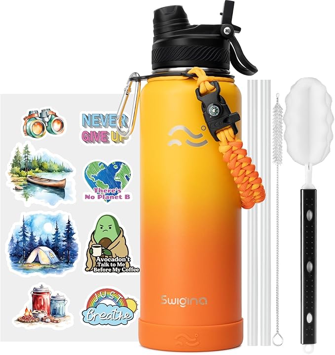 [2-IN-1 LID] Insulated Water Bottle with Silicone Boot (36hrs Cold/18hrs Hot) - DIY Stickers, Leakproof, BPA Free, 40 oz