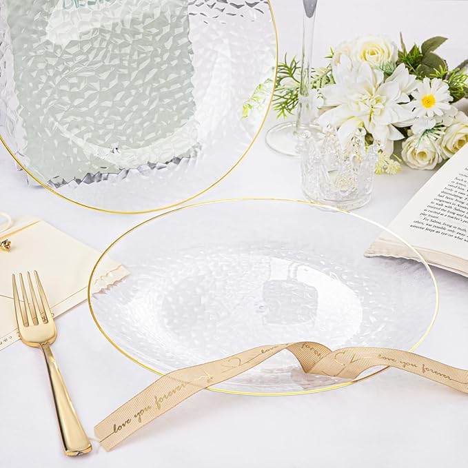 Rubtlamp 100 Pcs Gold Plastic Plates - 10 inch Clear Gold Dinner Plates - Hammer Pattern Design - Fancy Disposable Plate - Heavy Duty Party Plate Ideal for Wedding