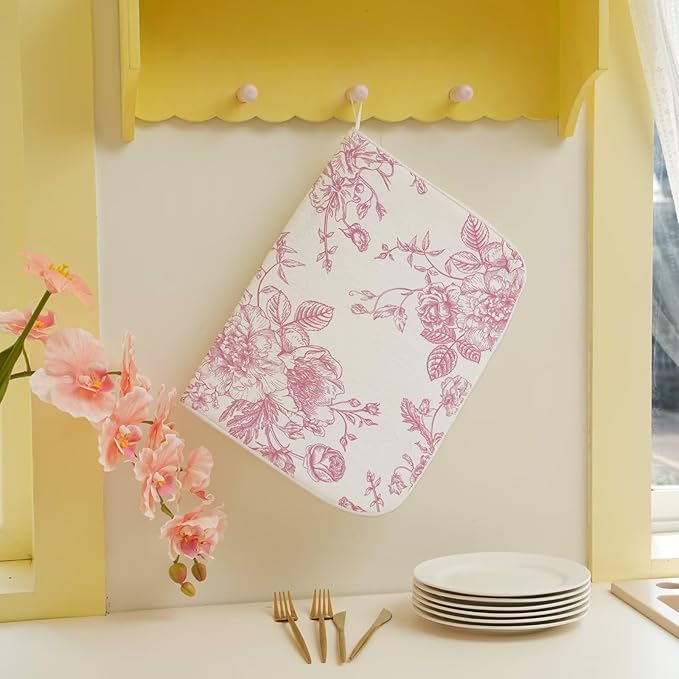 Pink Chinoiserie Floral Dish Drying Mat 18 x 24 inch Vintage Flower Decorative Drying Mats Microfiber Absorbent Dish Washable Draining Mat for Kitchen Counter Decor