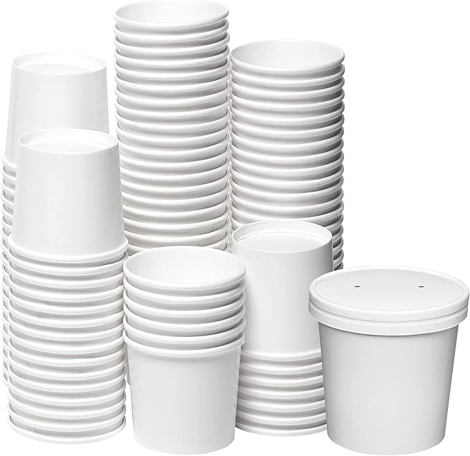 250 Sets White Paper Food Containers With Vented Lids, To Go Hot Soup Bowls, Disposable Ice Cream Cups (16oz)