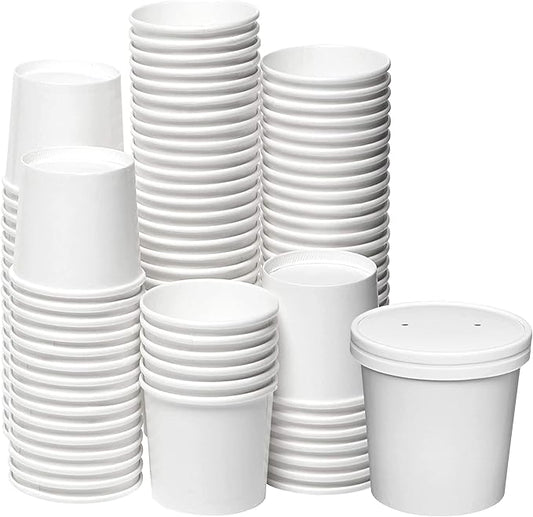 250 Sets White Paper Food Containers With Vented Lids, To Go Hot Soup Bowls, Disposable Ice Cream Cups (16oz)