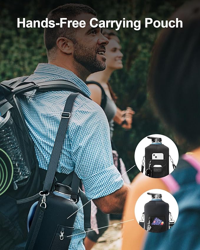 Trebo 128 oz Water Bottle Insulated with Handle, One Gallon Stainless Steel Metal Large Jug, Travel Flask with Straw Spout Lid, Mug Tumbler Cup with Carry Pouch, Keep Cold Hot, Indigo Black