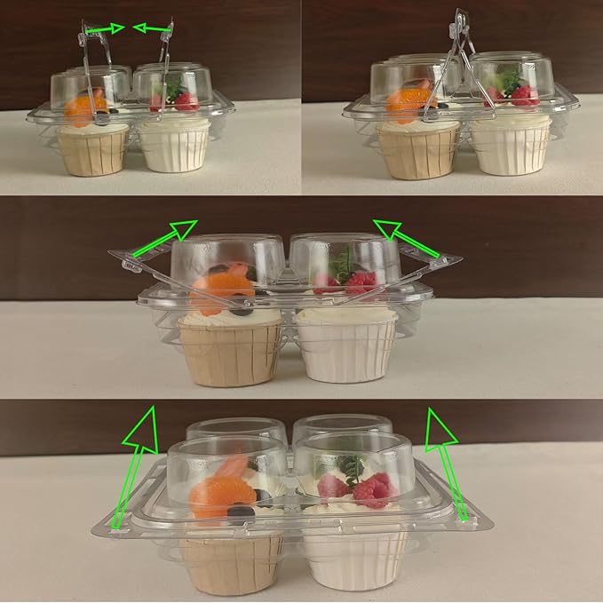 60 Pack of 4-Chamber Handheld Transparent Muffin Container, Disposable Plastic Cupcake Container With Lid, Cake Rack