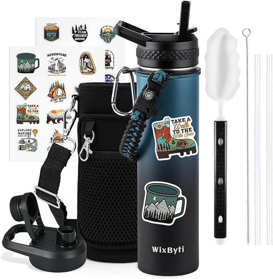 24 oz Insulated Water Bottle with Straw (Cold for 48 Hrs), Stainless Steel Triple Wall Vacuum Sports Water Jug, Leakproof Hydro Cup Flask with Paracord Handle & Straw Spout Lids & DIY Stickers