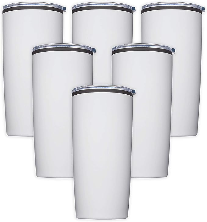 DISCOUNT PROMOS Plastic Tumblers 20 oz. Set of 6, Bulk Pack - With lids, Ice Coffee Tumbler, To Go Cup, Insulated - White