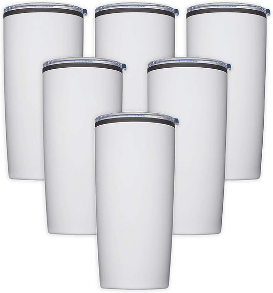 DISCOUNT PROMOS Plastic Tumblers 20 oz. Set of 6, Bulk Pack - With lids, Ice Coffee Tumbler, To Go Cup, Insulated - White