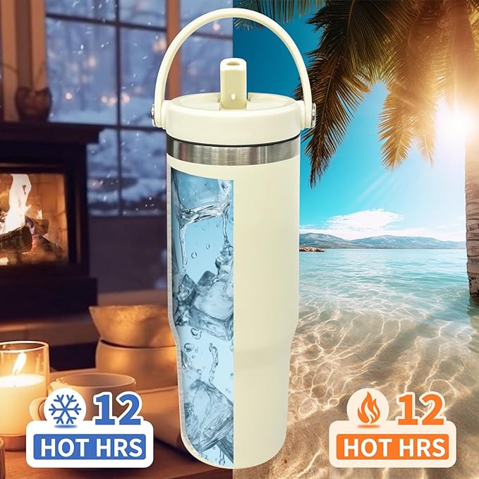 30 oz Tumbler Bulk with Top Handle, Double Wall Vacuum Insulated Tumbler with Flip Straw, Travel Coffee Mug 30oz Powder Coated Cup for Laser Engraving (Cream,4 pack)