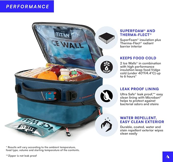 Arctic Zone Titan Deep Freeze Fridge Cold Expandable Insulated Horizontal Lunch Pack with 2X 250g High Performance Ice Walls, Blue