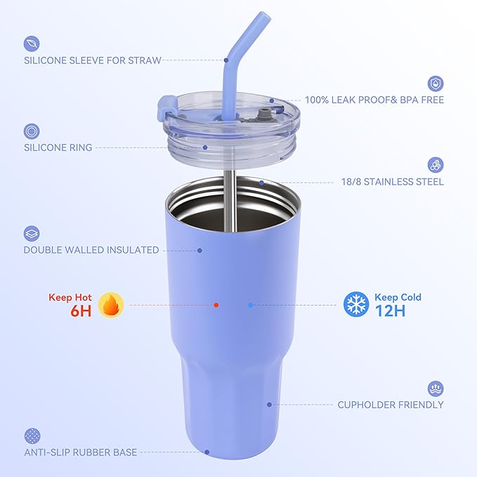 VEGOND 30 oz Insulated Stainless Steel Tumblers with lid and straw Bulk Pack Double Wall Vacuum Coffee Mug with Non-Slip Silicone Base, Sweat Proof Powder Coated Cup for Hot Cold Drinks, Blue 8Pack