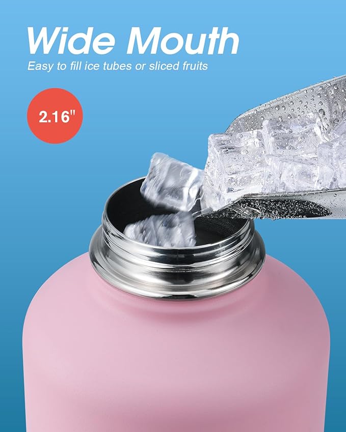 Water Bottle Insulated 64 oz with Straw & 3 Lids, Coolflask Half Gallon Water Jug Large Metal Stainless Steel Wide Mouth, Non-BPA Keep Cold 48H Hot 24H, Bubblegum Princess