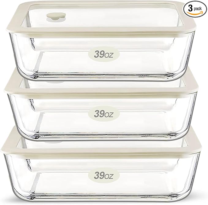 Urban Green Glass Food Container Set with Glass Lid, 3 Pack, Food Storage Containers Set, Airtight, LeakProof, 100% Plastic Free, Meal Prep Containers (White Color)