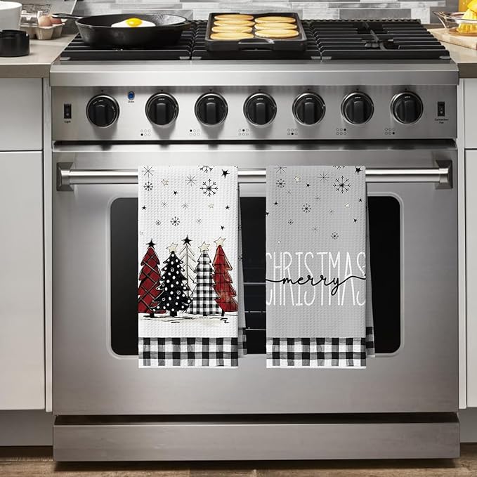 Artoid Mode Black Buffalo Plaid Xmas Tree Christmas Bar Kitchen Towels, 12x24 Inch Quick Dry Microfiber Cloth Dish Towels for Kitchen Drying Set of 2